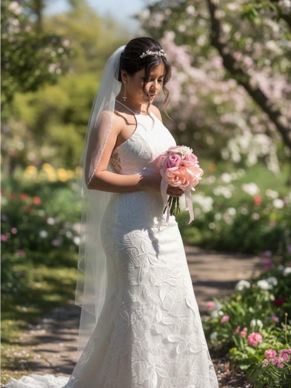 AB Studio White Lace Mermaid Wedding Dress with Veil